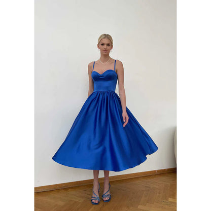 Simple Sweetheart Sleeveless Ruched Satin A-Line Midi Evening Party Dress