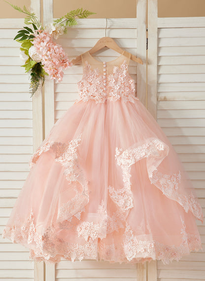 Princess Sleeveless Tulle Gown with Lace Appliques and Sweep Train for Girls