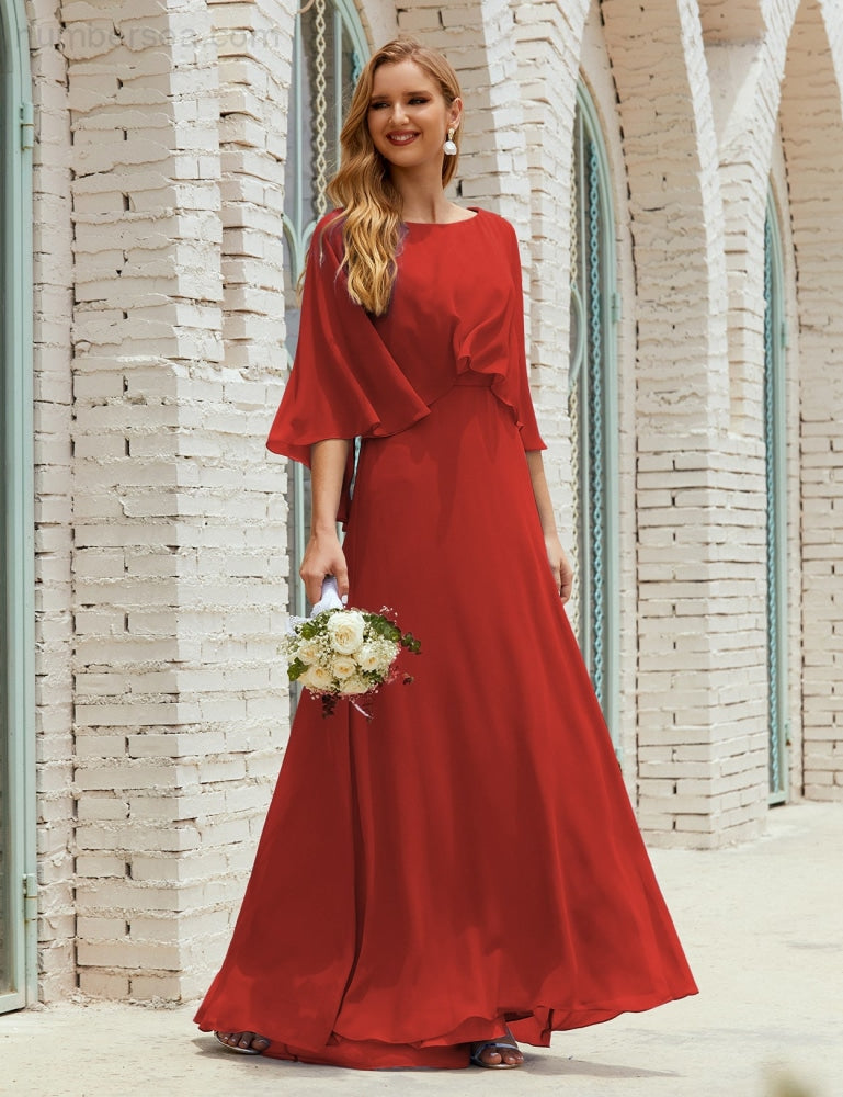 Numbersea Bridesmaid Dress Women Long Sleeve V-Neck Chiffon Formal Wedding Party 28018