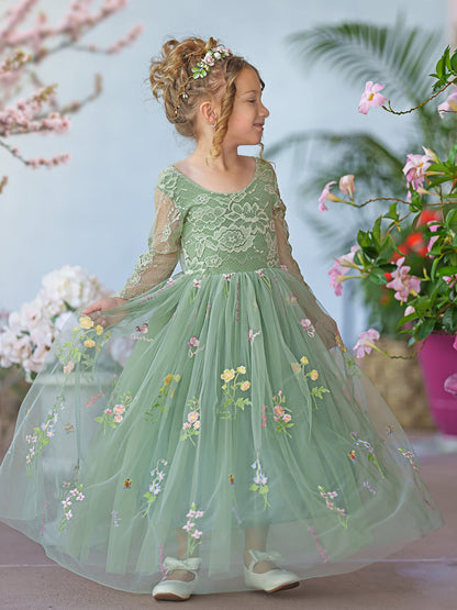 Floral Lace Embroidered Tulle A-Line Full-Length Garden Flower Girl Dress