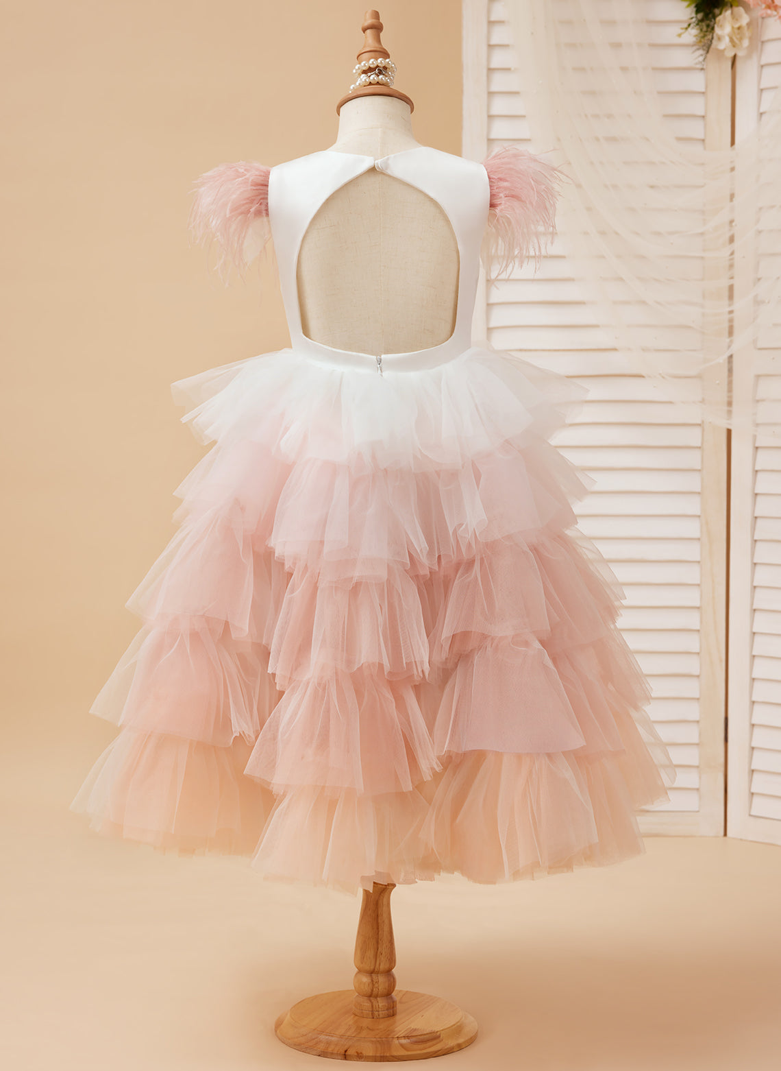 Pink Tulle Tea-Length Princess Dress with Feathered Sleeves for Flower Girls (010224240)