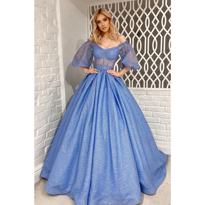 Unique Off The Shoulder Half Sleeves Sparkly Prom Ball Gown