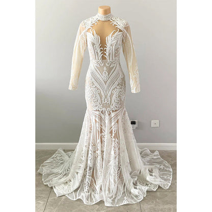 Unique High Neckline Sequins Appliques Long Sleeves America Mermaid Prom Dress