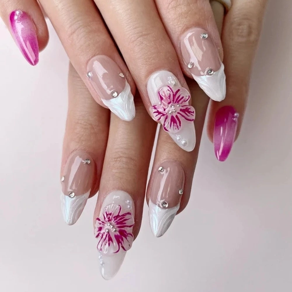 Pink White 3D Nails