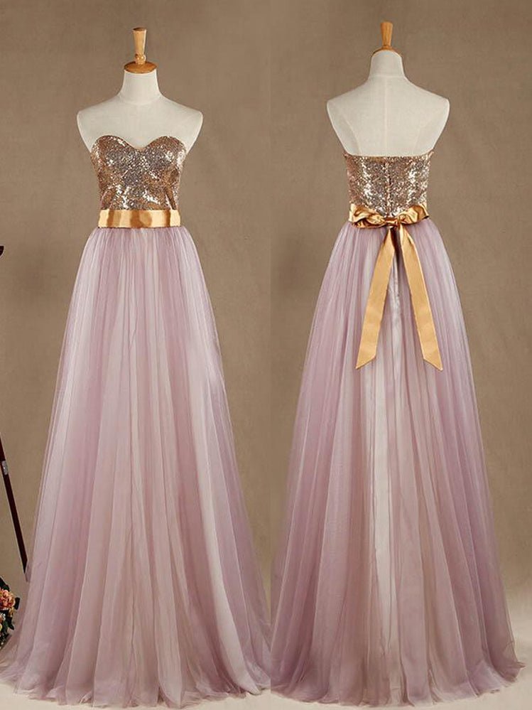 NumberSea - Ball Gown Light Purple Tulle Bridesmaid dress A - line Sweetheart Gold Sequined Strapless Evening dress