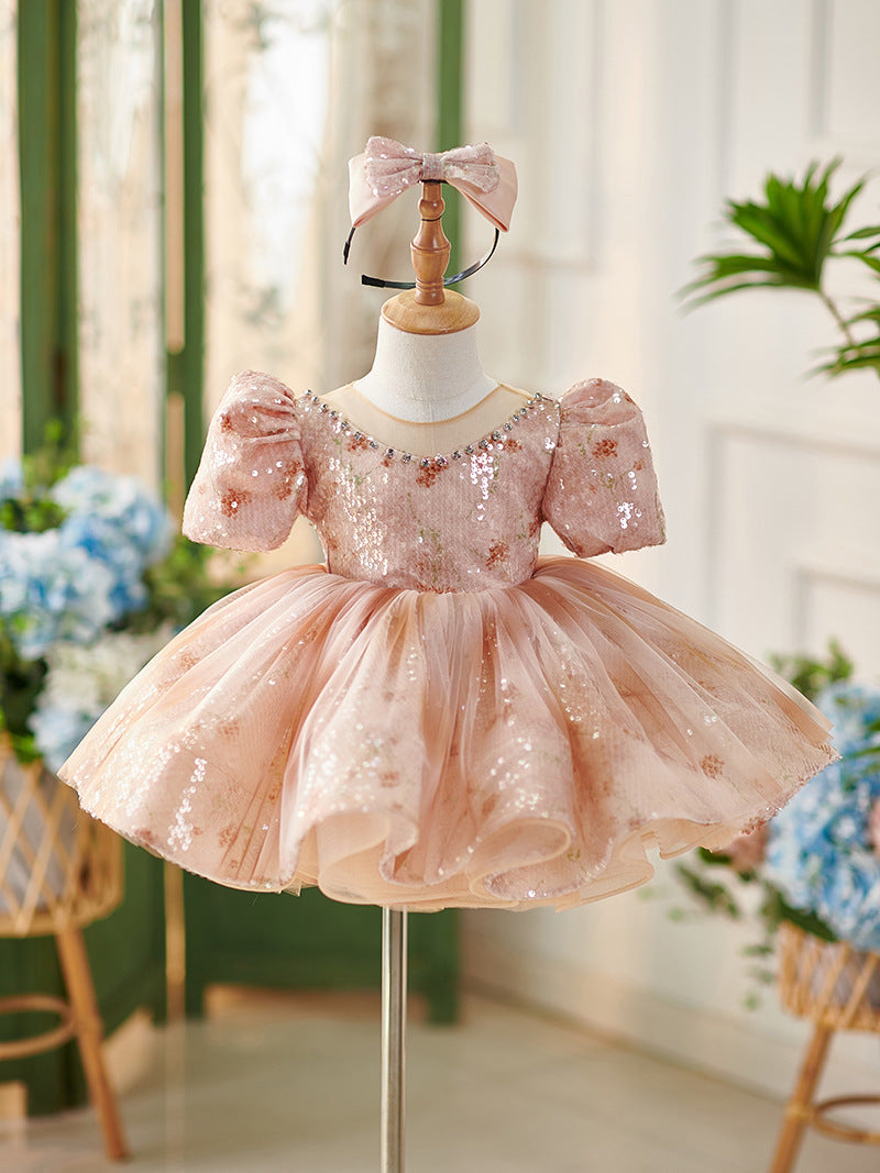 Sequin Puff Sleeve Rhinestone Knee-length Baby Girl Dress