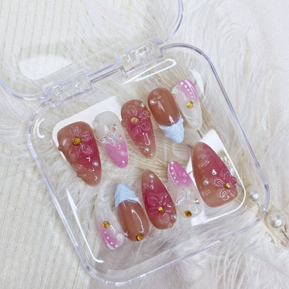 Women's 10Pcs Press On Nails 3D Almond ABS Nail Kit