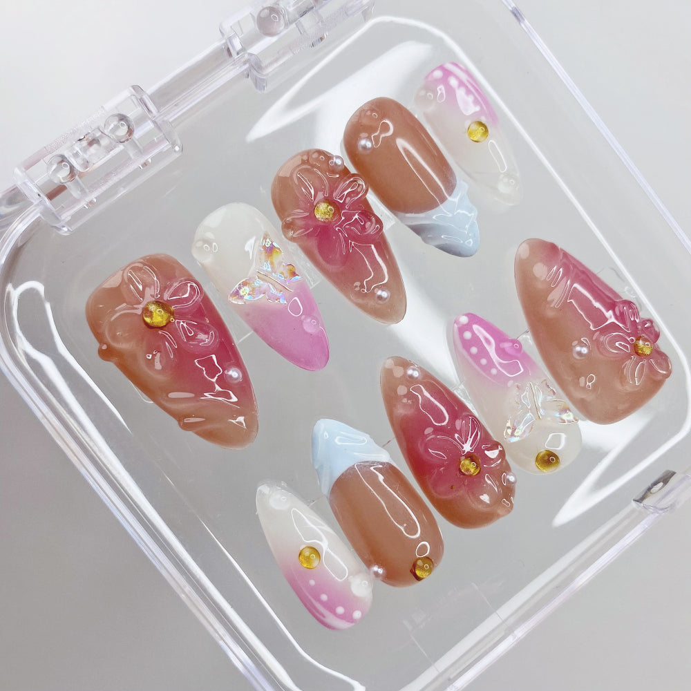 Women's 10Pcs Press On Nails 3D Almond ABS Nail Kit