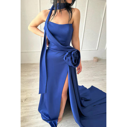 Elegant & Luxurious Halter Sleeveless Side Slit Sheath Prom Dress With Flower