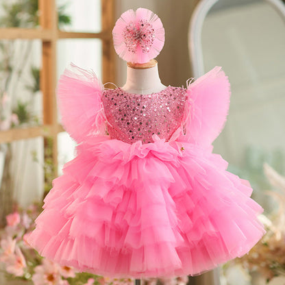 Sequins Tulle Knee-length 1st Birthday Party Dress