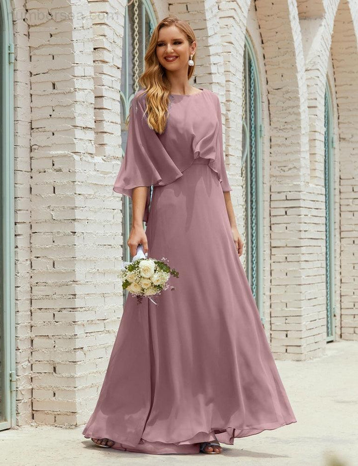 Numbersea Bridesmaid Dress Women Long Sleeve V-Neck Chiffon Formal Wedding Party 28018