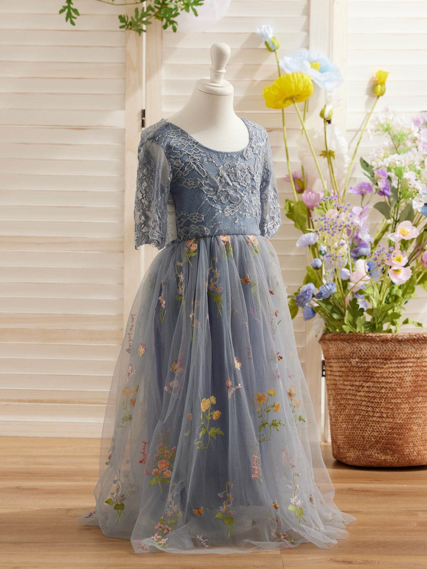 Sage Scoop Neck Cloth Surface and Tulle Flower Girl Dress (2003227581)