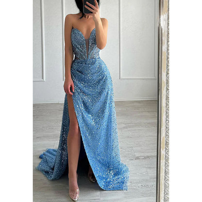 Gorgeous & Charming Deep V-Neck Sleeveless Side Slit Sparkly Prom Dress