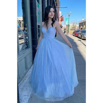 Plunging V-neck Sky Blue Sparkly Prom Dress