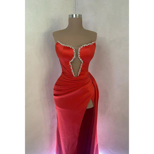 Elegant & Luxurious Deep V-Neck Sleeveless Ruched Side Slit Formal Prom Dress With Rhineston