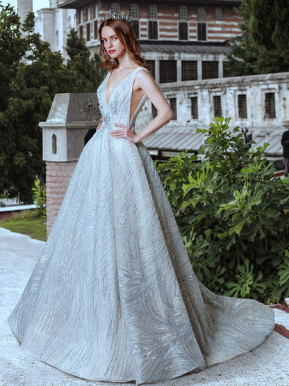 Numbersea A-line Light Grey Gown of Embroidered Matches the Low V-back