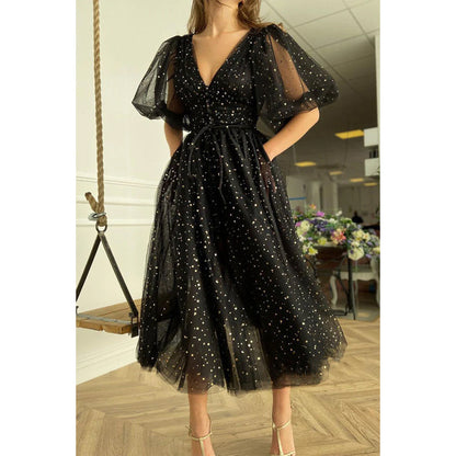 Plunging V-neck Black Star Lace Formal Dress with Pockets