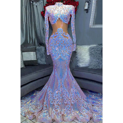 Unique High Neck Sequins Appliques Mermaid Prom Dress for Black Girl