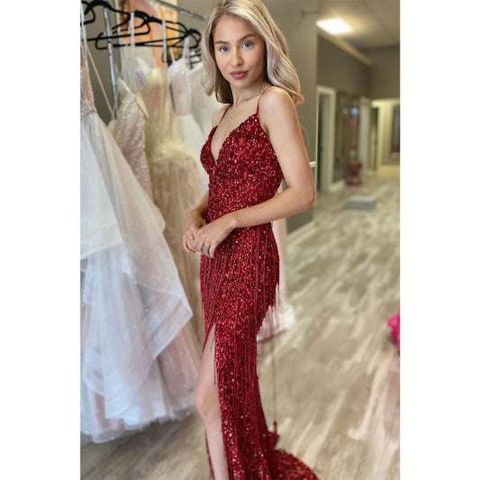 Women's Spaghetti Straps V-neck Sequins Burgundy Prom Dress Glitter