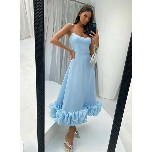 Spaghetti Straps Scoop Ruffles Long Formal Evening Gowns