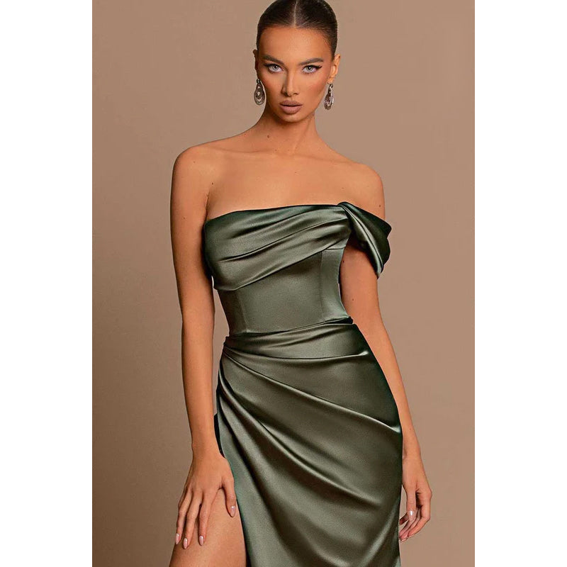 Strapless One Shoulder Ruched Long Prom Evening Dress With Slit