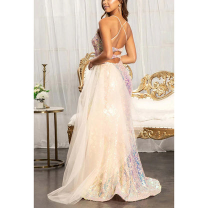 V-Neck Spaghetti Straps Sequined Tulle Sheath Long Prom Evening Dress