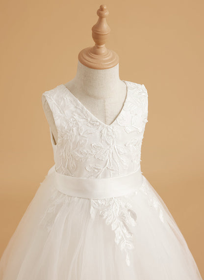 Sleeveless Lace Tulle Knee Length Flower Girl Dress