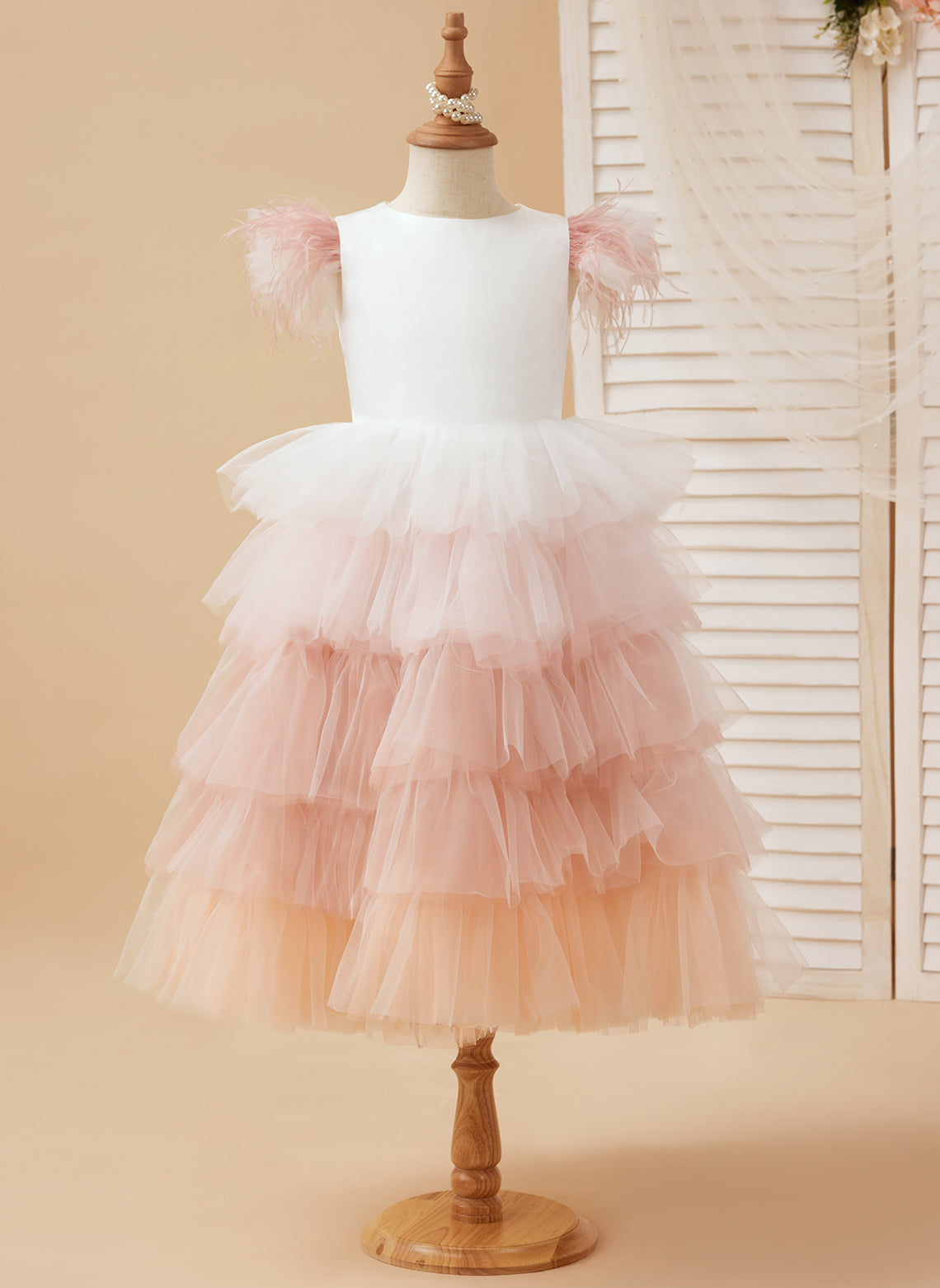 Pink Tulle Tea-Length Princess Dress with Feathered Sleeves for Flower Girls (010224240)