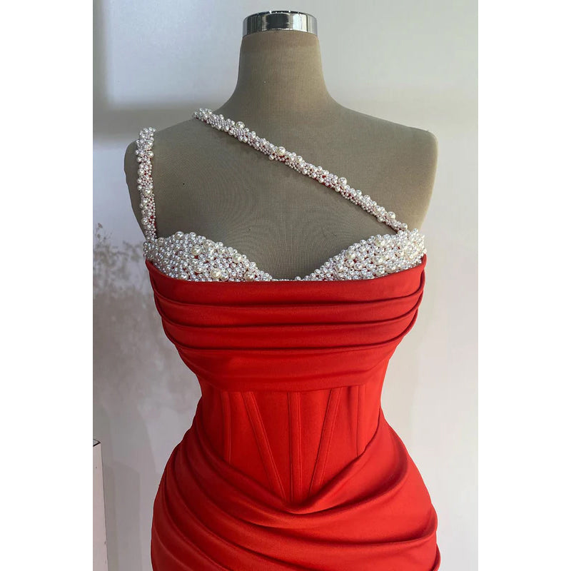 Sexy & Hot Sheath One Shoulder Beaded and Draped Formal Party Prom Dress with Pearls