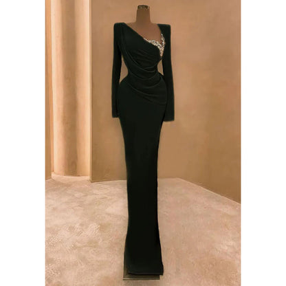 Sheath/column V-neck Beaded Pleats Black Long Prom Formal Dress