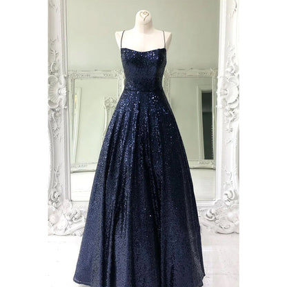 Unique Scoop Navy Sequins Sparkly Prom Dress