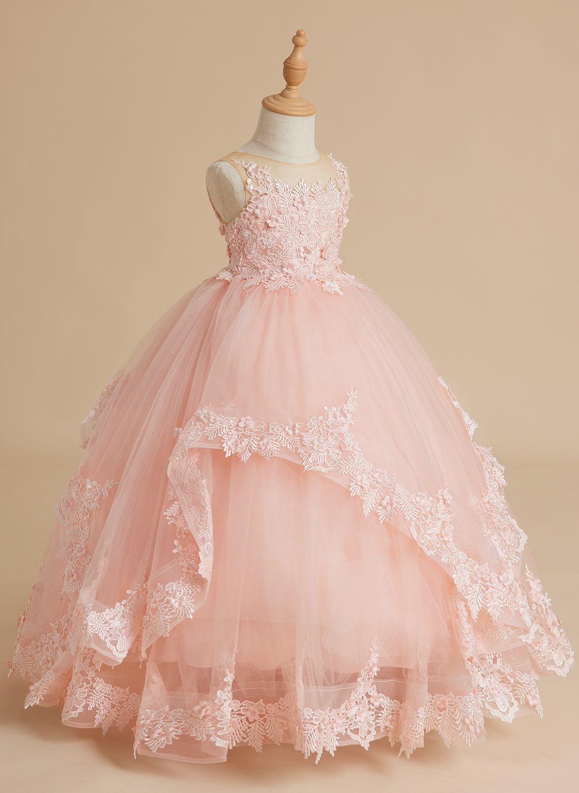 Princess Sleeveless Tulle Gown with Lace Appliques and Sweep Train for Girls