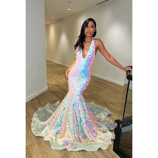 Trumpet/Mermaid V-Neck Sequined Backless Sleeveless Prom Evening Formal Dress