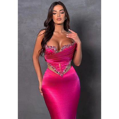 Strapless Satin Pleats Beads Mermaid Formal Evening Dress