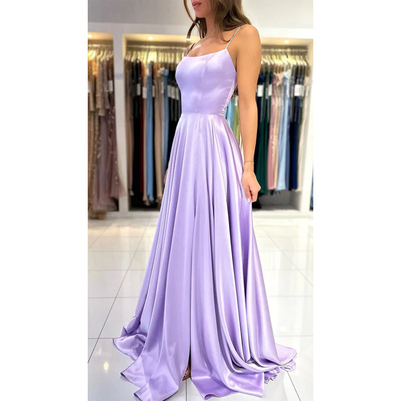 Spaghetti Straps Satin A-Line Long Prom Evening Gown With Slit