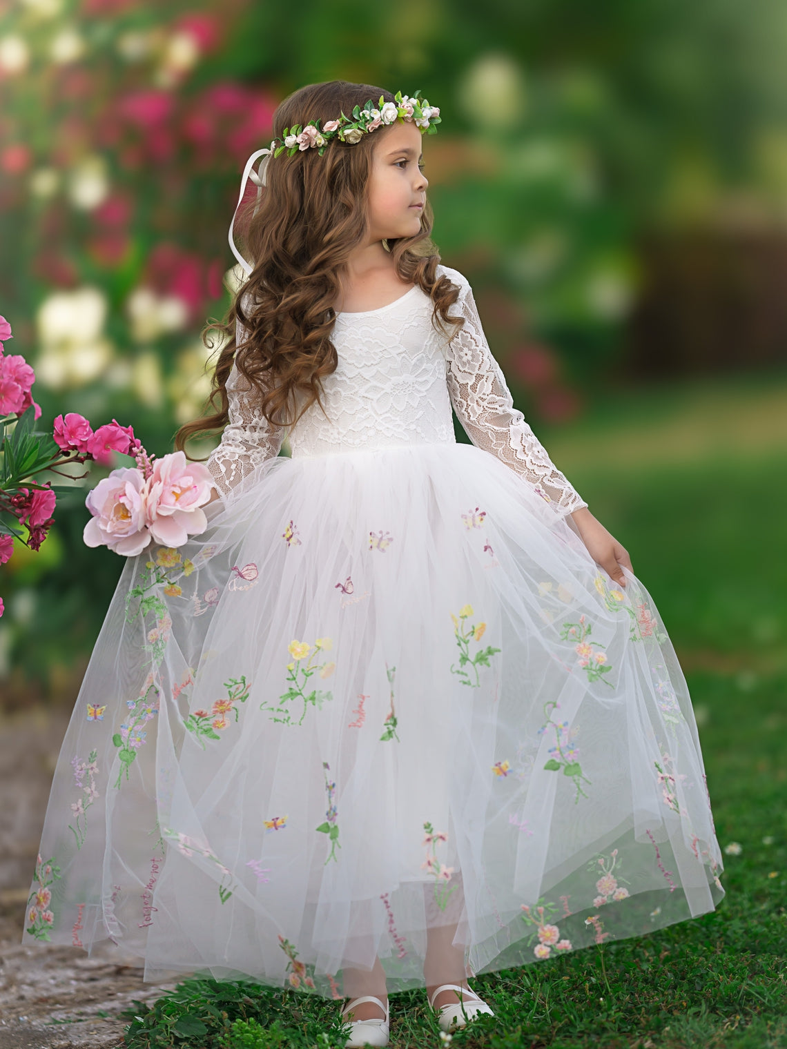 Floral Lace Embroidered Tulle A-Line Floor Length Garden Flower Girl Dress