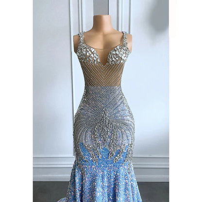 Glamorous & Dramatic Ruffles Rhinestones V-neck Sleeveless Sequins Evening Prom Dress