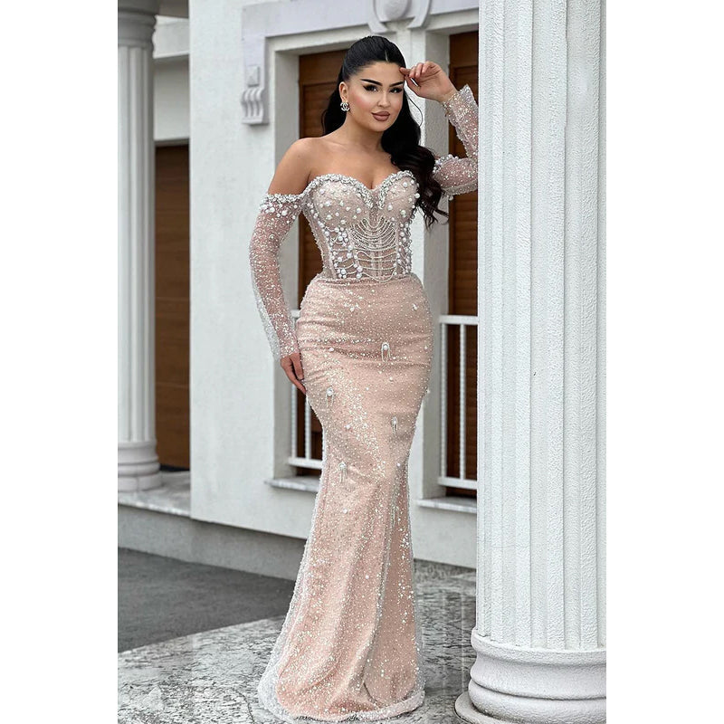 Glamorous & Dramatic Trumpet/Mermaid Off-Shoudler Long Sleeves Beaded Prom Dress