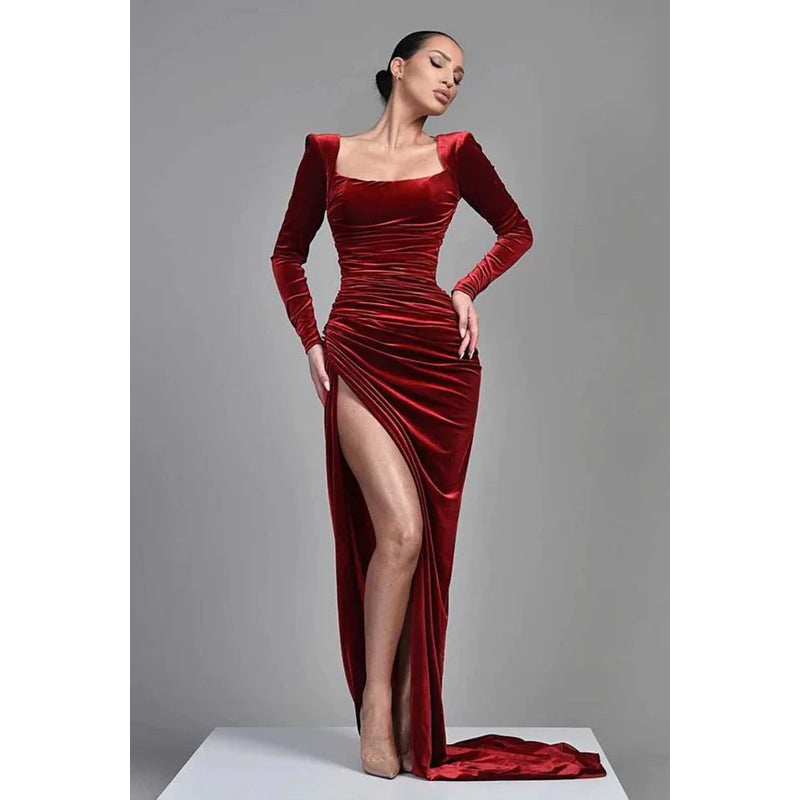 Square Neck Long Sleeves Velvet Long Prom Evening Dress With Slit