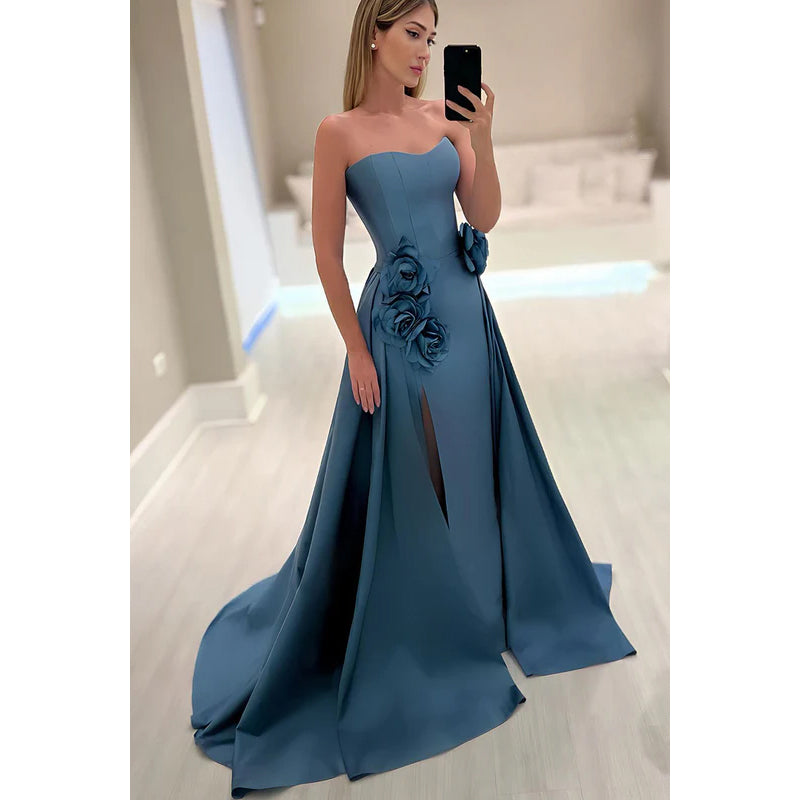 Gorgeous & Charming A-line Off-Shoulder Strapless Slit Prom Dress With Flower