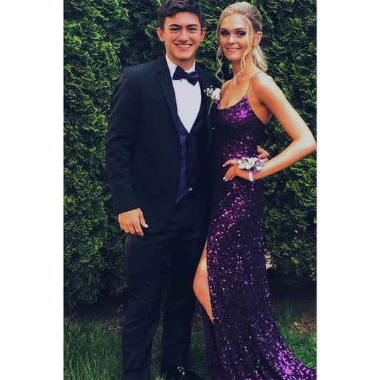 Purple Sequins Spaghetti Straps Scoop Sheath/column Prom Dress with Slit