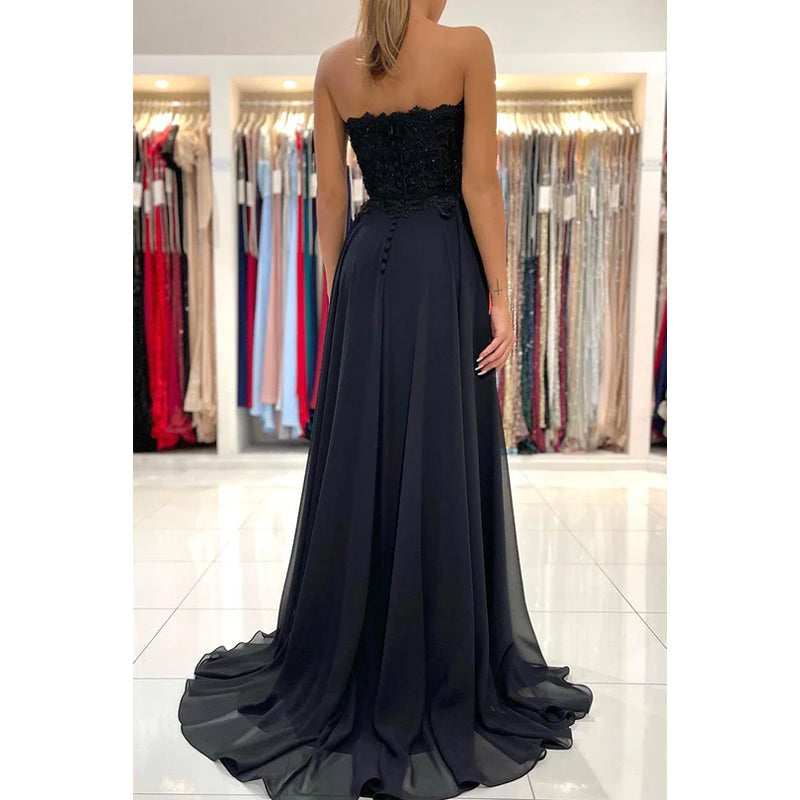 Sheath/Column Strapless Chiffon Appliques Backless Sleeveless Prom Dress