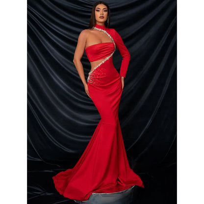 Sexy &amp; figurbetontes Abendkleid aus Satin mit hohem Halsausschnitt, Perlenfalten, trägerlosem Schnitt und langen Ärmeln 