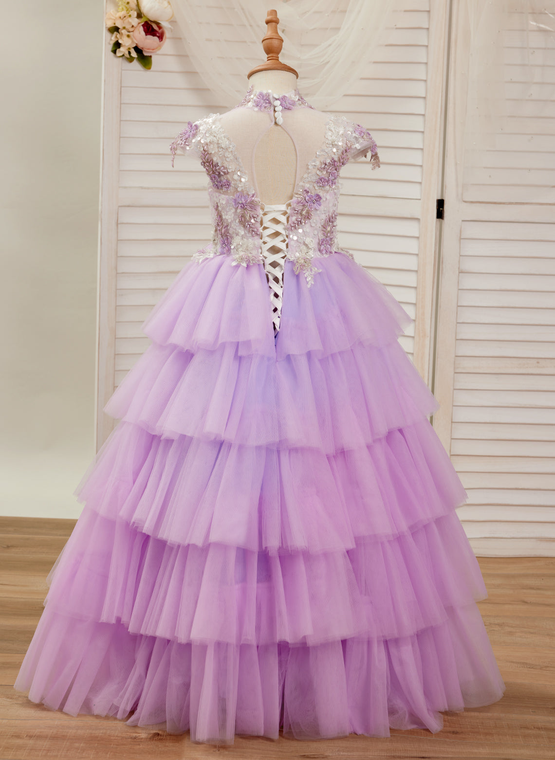 Lilac Tulle Princess Ball Gown with Floral Appliques and Beading for Girls