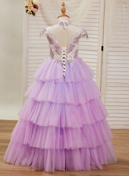 Lilac Tulle Princess Ball Gown with Floral Appliques and Beading for Girls