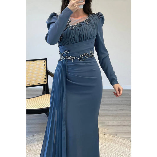 Unique Beaded Round A-line Chiffon Dusty Blue Long Prom Dress Evening Gown