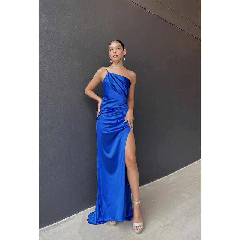 Sheath/Column One Shoulder Satin Pleats Backless Sleeveless Evening Dress