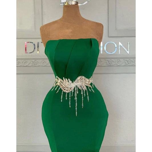 Chic Strapless Green Satin Pleats Mermaid Long Formal Evening Gowns