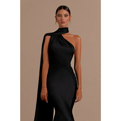 Unique Halter Pleats Black Long Formal Party Dress