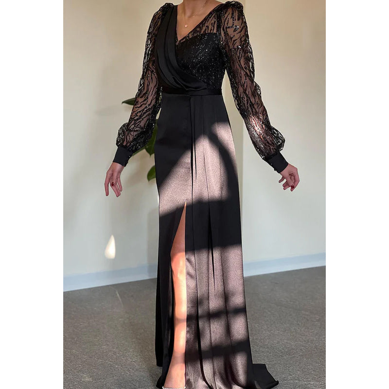 Sheath/Column V-Neck Satin Beaded Long Sleeves Prom Evening Formal Dress